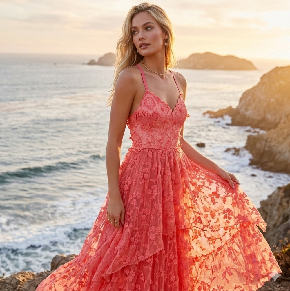 Free People Coral Lace Strapless-Style Floral Maxi Dress